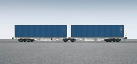 Grauer Containerwagen mit zwei blauen Containern darauf.