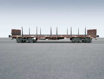 Dunkelroter Flachwagen mit seitlichen Elementen.