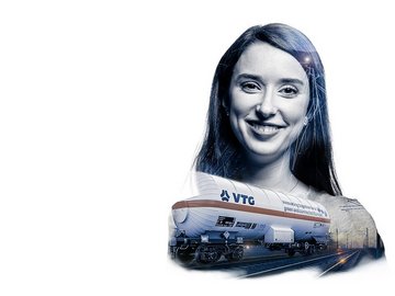  Porträt einer lächelnden Frau mit einem Tankwagen, der sich über ihre Silhouette legt