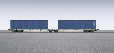 Grauer Containerwagen mit zwei blauen Containern darauf.