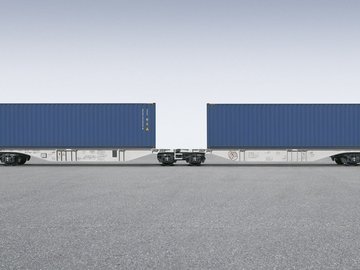 Grauer Containerwagen mit zwei blauen Containern darauf.